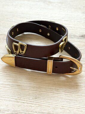 Vintage Brown Leather Belt Gold Western Boho One Inch Width Boho Size 30